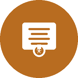 Icon für Compliance Schulungen Symbol eines Dokuments mit einem Häkchen in einem runden, orangefarbenen Feld.