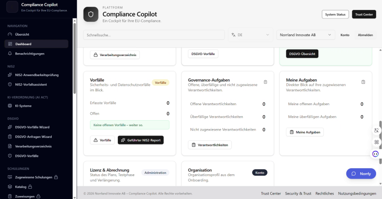 Dashbord Übersicht des Compliance Copilot Benutzeroberfläche eines Dashboards mit Compliance- und Unternehmensdetails.